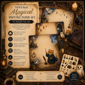 May include: A vintage magical writing paper set featuring illustrated stationery with owls, cats in robes, and celestial motifs. The set includes 15 pages per size in A4 and US letter formats, along with a bonus sticker sheet of potion bottles and books.