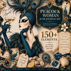 Peacock Woman Junk Journal Kit, 150+ Peacock Ephemera, Vintage Elegant Ephemera, Tags Cards Envelopes, Printable PDF JPG