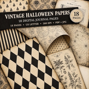 Puede incluir: Una colección de 18 páginas de diario digitales con diseños vintage de Halloween. Los patrones incluyen rombos negros y beige, rayas, telarañas, ilustraciones botánicas con una calavera y texto titulado The Whisper in the Gallery.