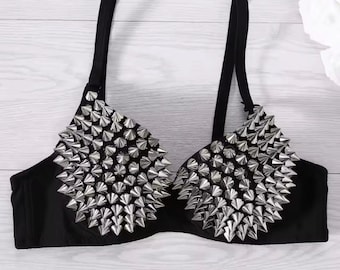 Punk Rock Spiked Bralette – Metallic Cone Studs Rave Crop Top