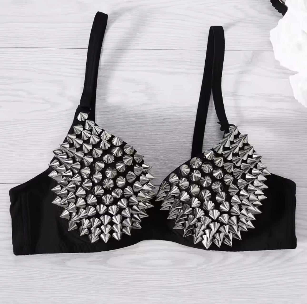 Punk Rock Spiked Bralette – Metallic Cone Studs Rave Crop Top