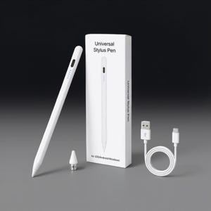 May include: A white universal stylus pen with a small button and four indicator lights, a replacement tip, a white rectangular product box labeled Universal Stylus Pen for iOS/Android/Windows, and a white USB-A to USB-C charging cable.