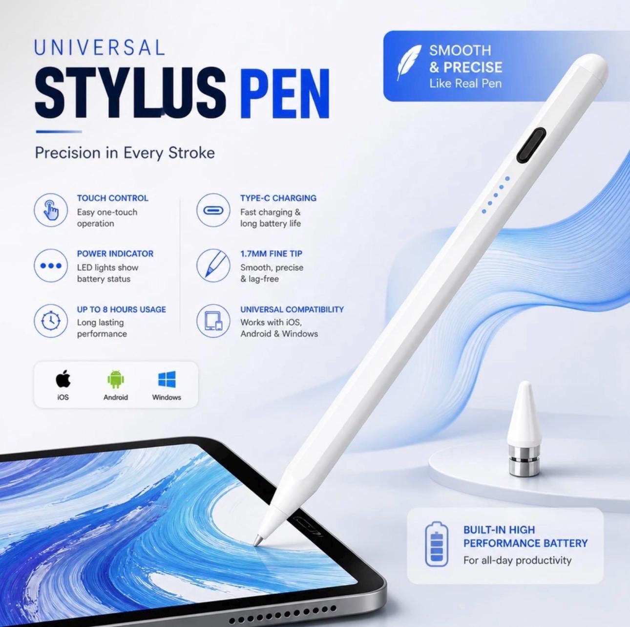 Universal Stylus Pen, Rechargeable Digital Pencil, Fine Tip