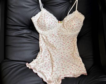 Women’s Floral Lace Trim Cami Romper – Soft Ribbed Spaghetti Strap Bodysuit
