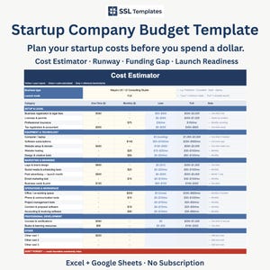 Peut inclure: Modèle de budget pour une startup, bleu et blanc. Il comprend l'estimation des coûts, la piste, le déficit de financement et la préparation au lancement. Conçu pour Excel et Google Sheets, il aide à planifier les coûts de démarrage.