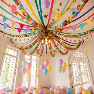 May include: A festive room decoration featuring a central ceiling light fixture adorned with radiating multi-colored paper chains, streamers, and star cutouts. Bunches of pastel balloons in pink, blue, yellow, and purple are arranged on the floor.