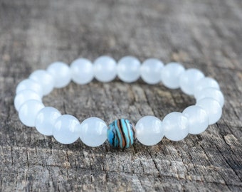 8mm Blue Malachite Jasper White Jade Bracelet Mens Bracelet Bead Bracelet Gemstone Bracelet Mens Womens Yoga Bracelet Jewelry Gifts