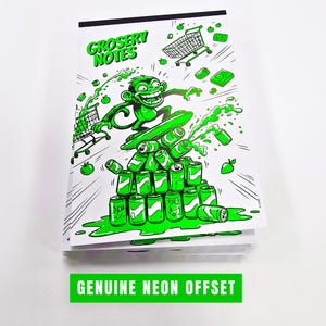 May include: A notepad featuring a neon green illustration of a monkey skateboarding on soda cans, with the text "GROSERY NOTES" at the top. The bottom of the notepad has the text "GENUINE NEON OFFSET" in a green rectangle.