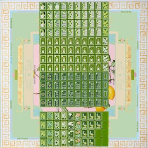 May include: A Mahjong set featuring green tiles with white and green engraved symbols, numbers, and characters. The tiles are arranged in a grid on a light green mat with a decorative border and illustrations of lemons and foliage.