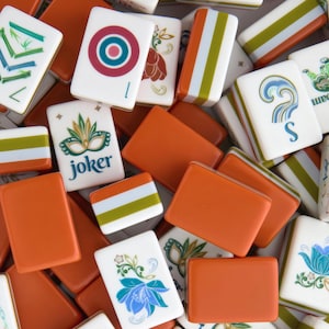 Earth Tone American Mahjong Set, Burnt Orange Acrylic Tiles, 4 Layer, Inner Print, Boho Tabletop Game, Mid Century Modern Aesthetic image 1