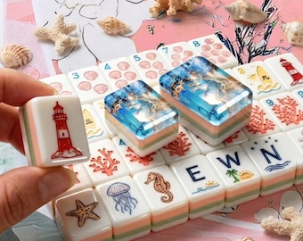 Juego de Mahjong Americano de Acrílico Azul Océano, Fichas de Mahjong de Cristal de Lujo, Regalo Premium para Jugadores de Mahjong con Estilo Costero