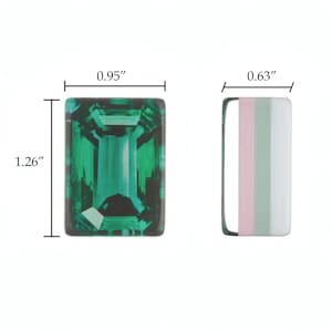 May include: A rectangular emerald green gemstone with a faceted surface measuring 0.95 inches by 1.26 inches, alongside a rectangular component featuring vertical stripes of pink, light green, and white, measuring 0.63 inches in width.