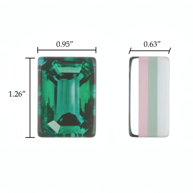 May include: A rectangular emerald green gemstone with a faceted surface measuring 0.95 inches by 1.26 inches, alongside a rectangular component featuring vertical stripes of pink, light green, and white, measuring 0.63 inches in width.