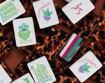 Amerikanisches Mahjong Set, 4-Schicht-Acryl, Leopardenmuster, moderne Fliesen, Pink-Türkis, wunderliches Spielabendgeschenk