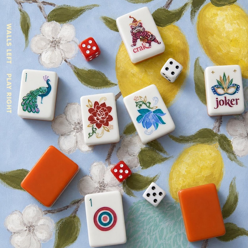 May include: A set of white mahjong tiles with colorful illustrations including a peacock, a red flower, a blue flower, a dragon, and a joker mask, alongside two solid orange tiles, three red and white dice, and tiles with a bullseye and the number 1.