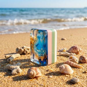 May include: A rectangular block of soap featuring a clear resin-like section with swirling blue and gold patterns, followed by solid vertical stripes of light pink, light green, and white, standing upright on a sandy beach surface.