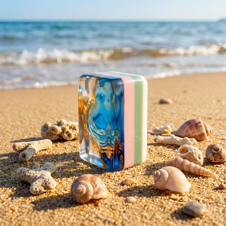 May include: A rectangular block of soap featuring a clear resin-like section with swirling blue and gold patterns, followed by solid vertical stripes of light pink, light green, and white, standing upright on a sandy beach surface.