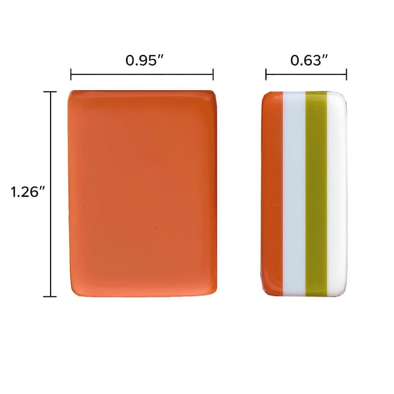 May include: Two rectangular glass tiles. The left tile is solid orange, measuring 0.95 inches wide by 1.26 inches high. The right tile features vertical stripes of orange, white, and olive green, measuring 0.63 inches wide by 1.26 inches high.