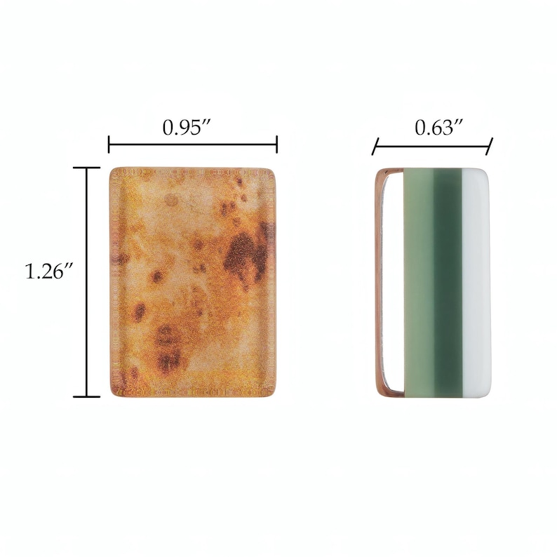 Puede incluir: Dos componentes rectangulares. La pieza de la izquierda tiene una textura moteada naranja y marr&oacute;n, midiendo 2,41 cm de ancho por 3,20 cm de alto. La pieza de la derecha presenta un patr&oacute;n de rayas verticales verdes y blancas con un marco cobrizo, 1,60 cm de ancho.