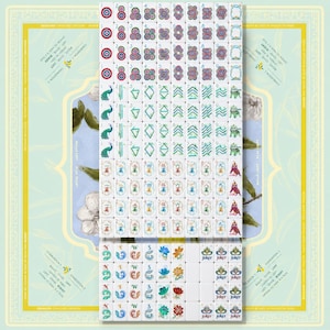 May include: A complete set of white mahjong tiles arranged in a grid, featuring colorful suits of circles, bamboo, and characters. The tiles include directional markers, flower tiles, and joker tiles with text, all displayed on a light green mat.