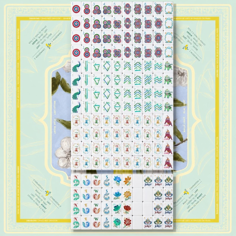 May include: A complete set of white mahjong tiles arranged in a grid, featuring colorful suits of circles, bamboo, and characters. The tiles include directional markers, flower tiles, and joker tiles with text, all displayed on a light green mat.