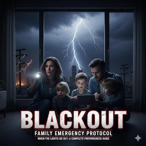 May include: A family huddled together during a thunderstorm, with lightning flashing outside a window. The image features the text "BLACKOUT" and "FAMILY EMERGENCY PROTOCOL" with the tagline "WHEN THE LIGHTS GO OUT: A COMPLETE PREPAREDNESS GUIDE."