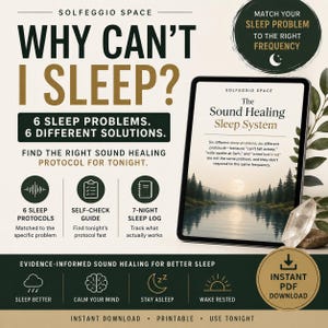 May include: A digital tablet displays the title The Sound Healing Sleep System with a landscape image of a forest and moon. The surrounding text reads Why Can't I Sleep, 6 Sleep Problems, 6 Different Solutions, and Instant PDF Download.