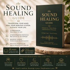 May include: A dark green hardcover book titled The Sound Healing Guide with gold lettering and a sound wave graphic. The cover features text about frequencies, brain states, and transformation protocols, with a lotus icon above the title.