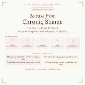 Può includere: Un foglio di lavoro stampabile intitolato "Release from Chronic Shame" con uno schema di colori rosa e beige. Il foglio di lavoro include un diagramma a spirale della vergogna con cinque fasi e affermazioni somatiche. Il testo "Free Printable Cheat Sheet" è in alto.