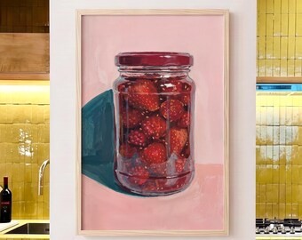 Strawberry Jam Poster, Pink Kitchen Wall Decor, Vintage Food Print, Cottagecore Farmhouse Art, Still Life Painting, Coquette Room Accents