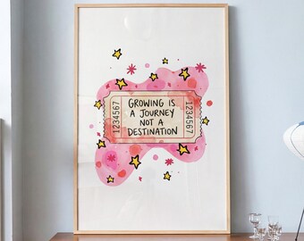 Ticket Stub Print, Growing Is a Journey Not a Destination Quote, Watercolor Pink Star Art, Framed or Unframed Dorm Decor, Graduation Gift