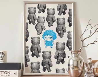 Grumpy Girl Print, Blue Hair Kid with Gray Bears Poster, Quirky Pop Surrealism, Framed or Unframed Funny Wall Art, Introvert Gift