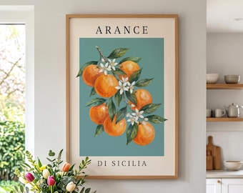 Italian Orange Poster, Sicilian Botanical Art, Vintage Fruit Print, Kitchen Wall Decor, Retro Botanical Print, Orange Blossom Wall Art