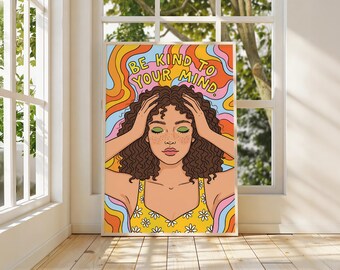 Be Kind to Your Mind Print, Retro 70s Woman Poster, Wavy Rainbow Art, Framed or Unframed Therapy Office Decor, Counselor Gift