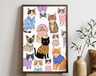 Cat Pattern Print, Kitties in Pajamas and Cozy Sweaters Collection, Funny Pet Lover Wall Art, Framed or Unframed Bedroom Decor