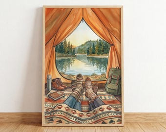 Camping Wall Art, View from Tent with Socks and Boots, Lake Forest Print, Framed or Unframed Cabin Decor, Outdoor Lover Gift