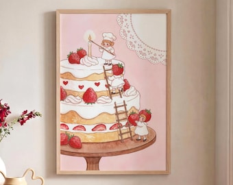 Cute Kitchen Wall Art, Strawberry Cake Poster, Whimsical Bakery Decor, Pastel Pink Room Decor, Nursery Wall Print, Cute Kawaii Food Poster