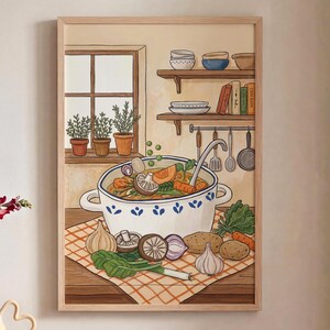 Soup Pot Poster Cottagecore Wall Art Cozy Kitchen Decor Dopamine Decor Print Vegetable Illustration Whimsical Dining Room Sign Art Recipe