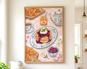 Coquette Breakfast Poster, Cottagecore Kitchen Wall Art, Blue and White Dining Room Decor, Vintage Food Print, Pancake Croissant Painting