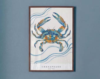 Chesapeake Blue Crab Art Coastal Wall Art Seafood Poster Nautical Kitchen Decor Vintage Animal Print Dining Room Art Beach House Prints
