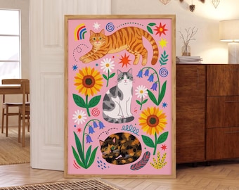 Cat Flower Art, Sunflower and Bluebell Kitties Print, Pink Poster
