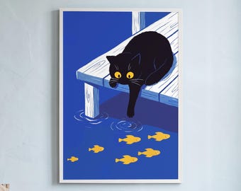 Black Cat Art Print, Kitty on a Wooden Dock Watching Yellow Fish, Cobalt Blue Water Painting, Framed or Unframed Lake House Decor