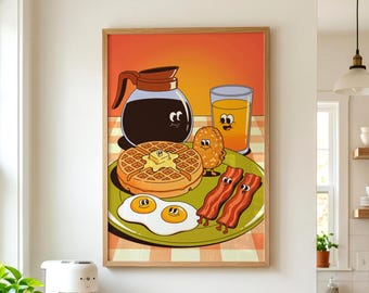Könnte beinhalten: Ein gerahmter Wandkunstdruck mit einer gezeichneten Frühstücksszene, bestehend aus einer Waffel mit Butter, zwei Spiegeleiern, zwei Speckstreifen, einem Rösti, einem Glas Orangensaft und einer Kaffeekanne, alle mit Gesichtern auf einem grünen Teller.