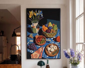 Mediterranean Still Life Print, Colorful Kitchen Art, Dopamine Decor, Retro Dining Room Wall Art, Eclectic Food Poster, Quirky Floral Decor