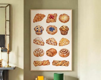 Watercolor French Pastry Print, French Bakery Poster, Farmhouse Kitchen Wall Decor, Coffee Bar Decor, Vintage Food Art, Baking Lover Gift