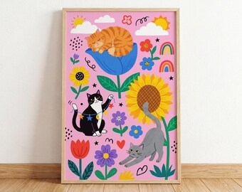 Cat Flower Print, Three Kitties with Sunflower and Rainbows, Pink Art