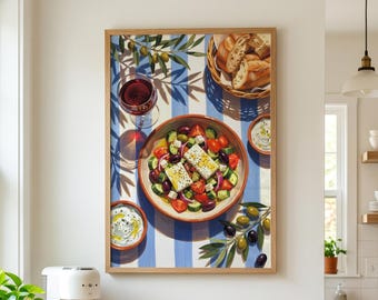 Greek Salad Print, Mediterranean Art, Coastal Kitchen Art, Dopamine Decor, Dining Room Wall Art, European Summer Poster, Vintage Food Art