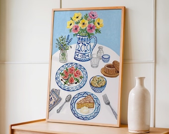 Mediterranean Still Life Poster, Italian Kitchen Art, Blue and White Dining Room Decor, Coastal Wall Art, Vintage Food Print, Cottagecore