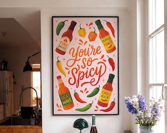 Funny Kitchen Art, Retro Hot Sauce Poster, Dopamine Decor, Unique Dining Room Wall Art, Colorful Chili Print, Quirky Gallery Wall Prints