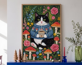 Tuxedo Cat Art, Blue Sweater Kitty with Mushroom Mug, Cottagecore Roses Print, Framed or Unframed Cozy Morning Decor, Gift for Her